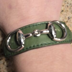 Gucci Green Leather Bracelet with Silver Accents, Hook Closure
